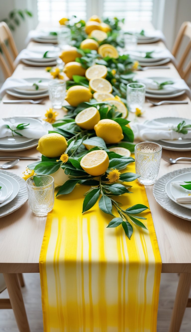 A dining table with a yellow ombré gradient table runner decorated with lemons, lemon blossoms, and green leaves, set with white plates and glassware.