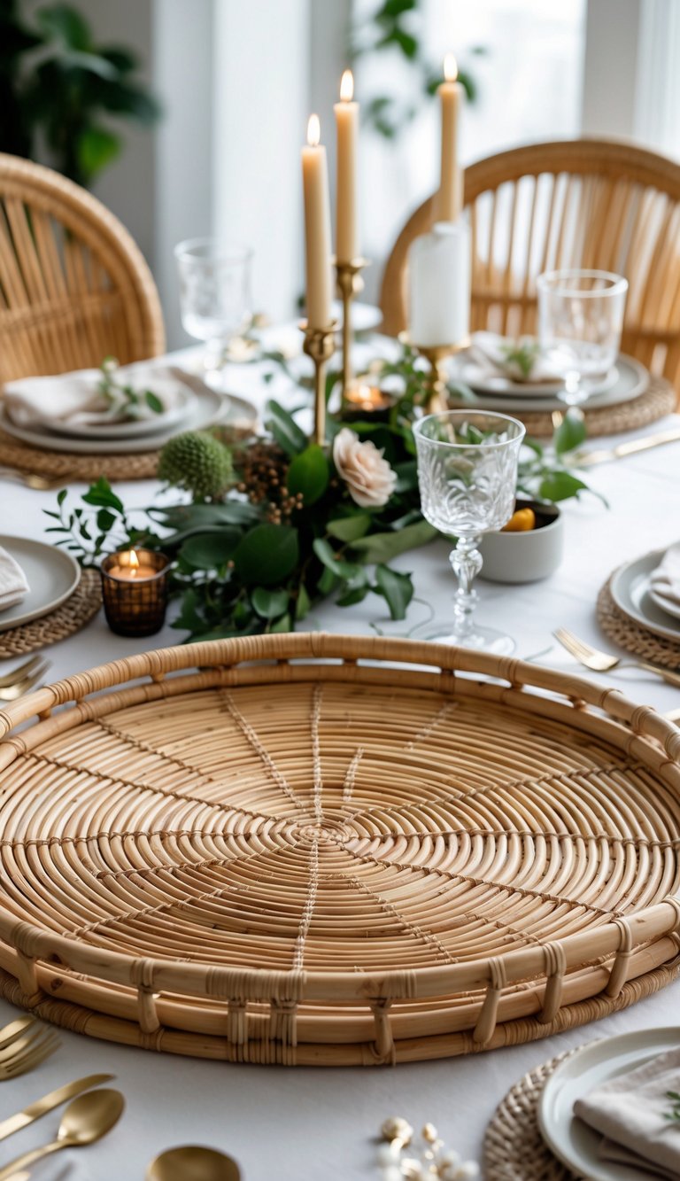 A large woven rattan tray placed in the center of a table set with plates, glasses, cutlery, candles, and flowers.