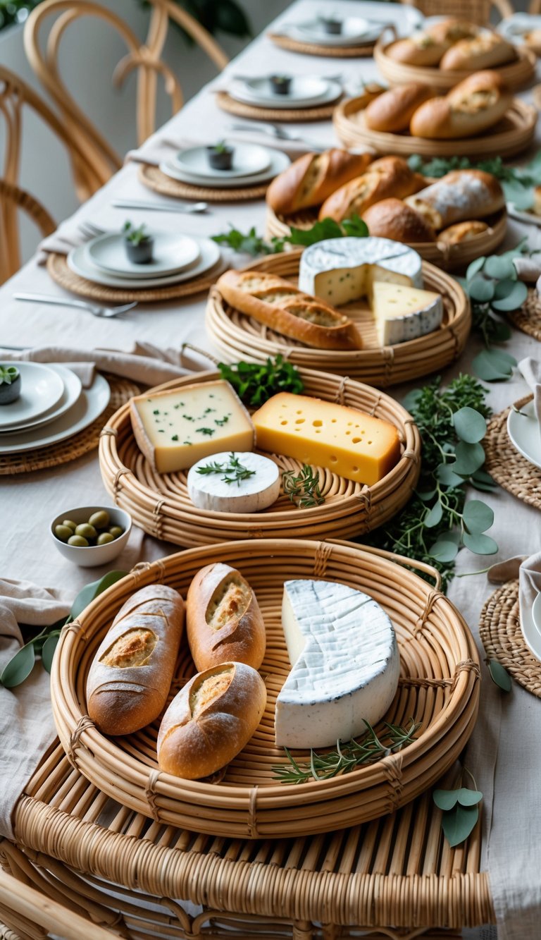 A table set with rattan breadboards holding various breads and cheeses, surrounded by greenery and natural decor.