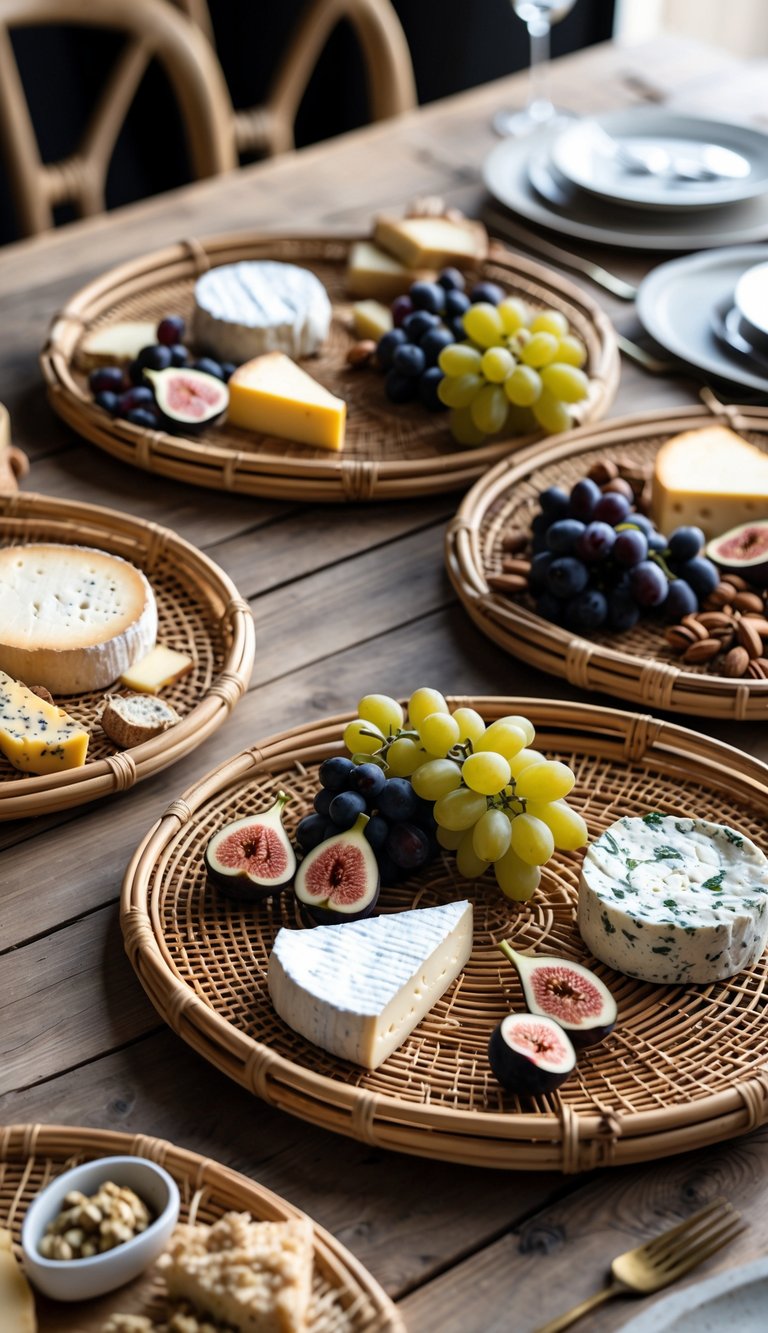 A table set with woven rattan trays holding assorted cheeses, fruits, nuts, and dips on a wooden surface.