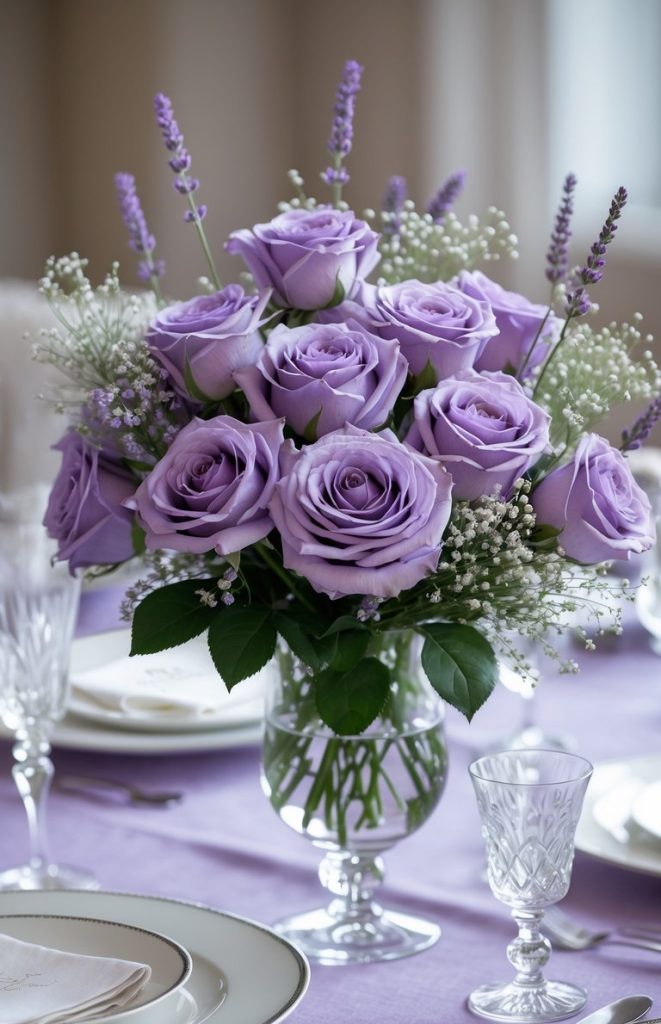 A bouquet of purple roses in a glass vase.