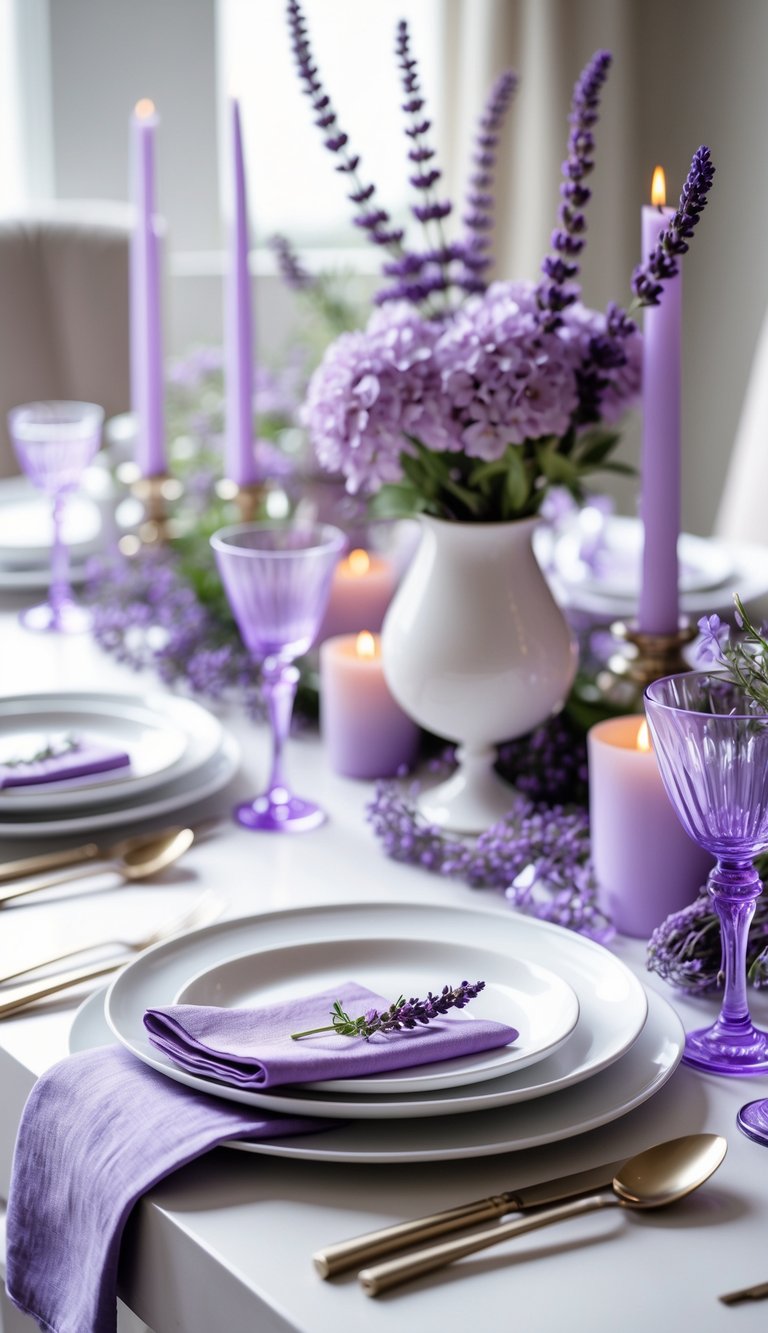 A dining table set with white plates and lavender-colored decorations including flowers, napkins, and candles.