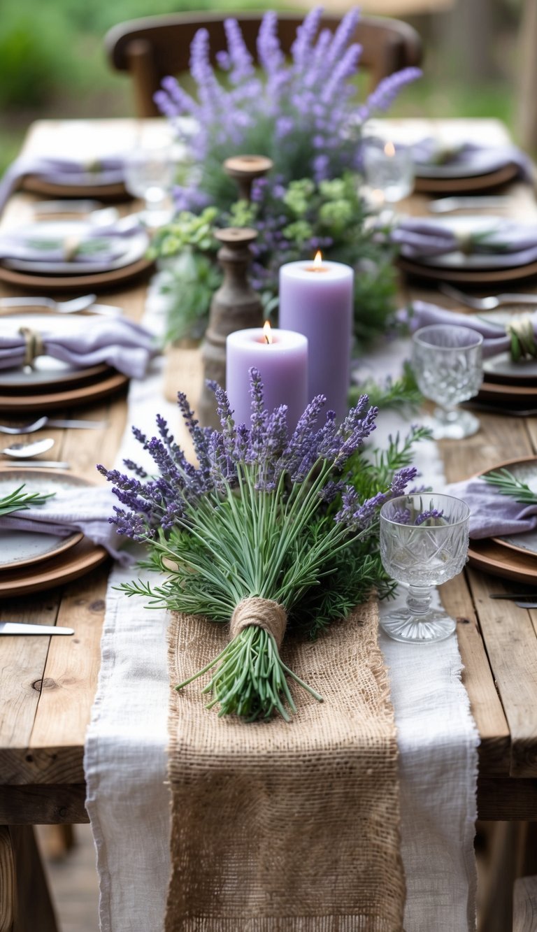 A wooden table decorated with burlap runners and numerous lavender flowers and candles arranged as a centerpiece.