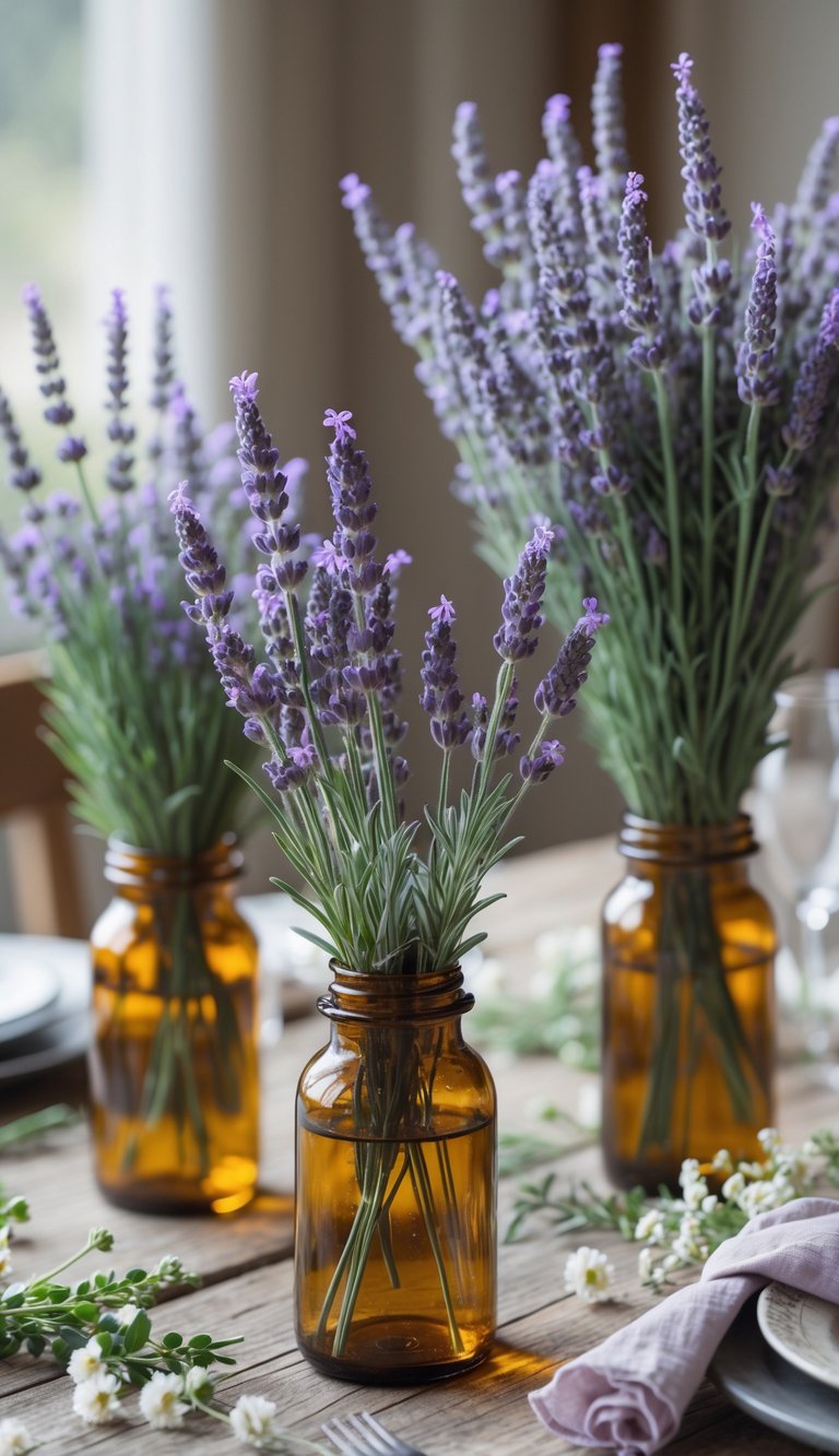 Midi lavender bouquets arranged in amber bottles on a wooden table with decorative greenery and flowers.