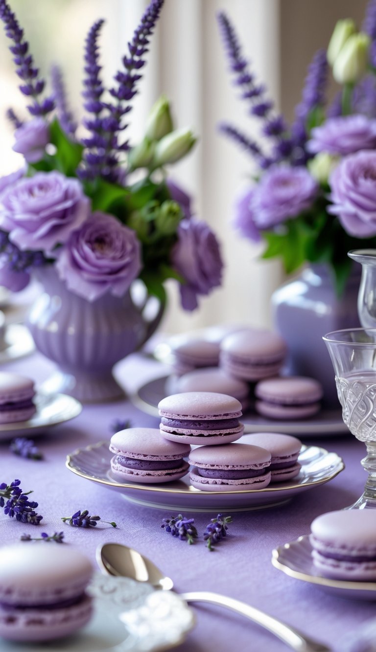 A table decorated with pale purple macarons and lavender-themed tableware and flowers.