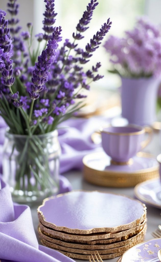 A table set with stacked lavender plates, gold cutlery, lavender napkins, and vases of purple flowers, creating a coordinated, elegant arrangement.