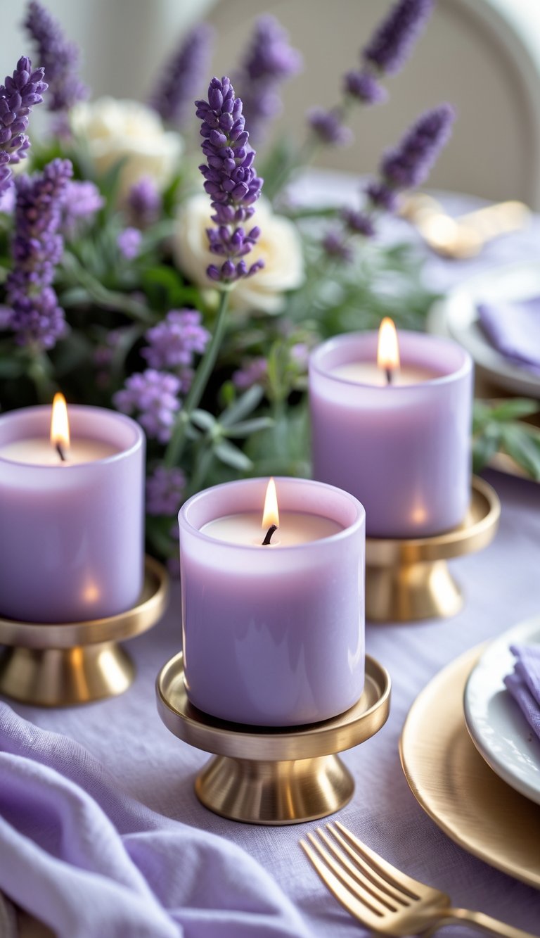 A table set with lilac votive candles in gold holders surrounded by lavender flowers and greenery.