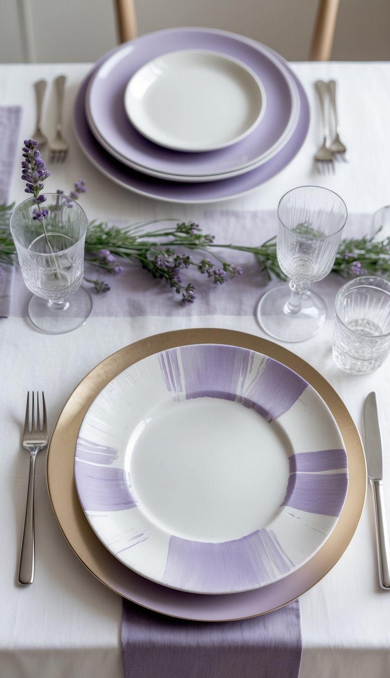 A neatly arranged table with charger plates featuring lavender paint stroke designs, white plates, silver cutlery, and clear glassware on a white tablecloth.