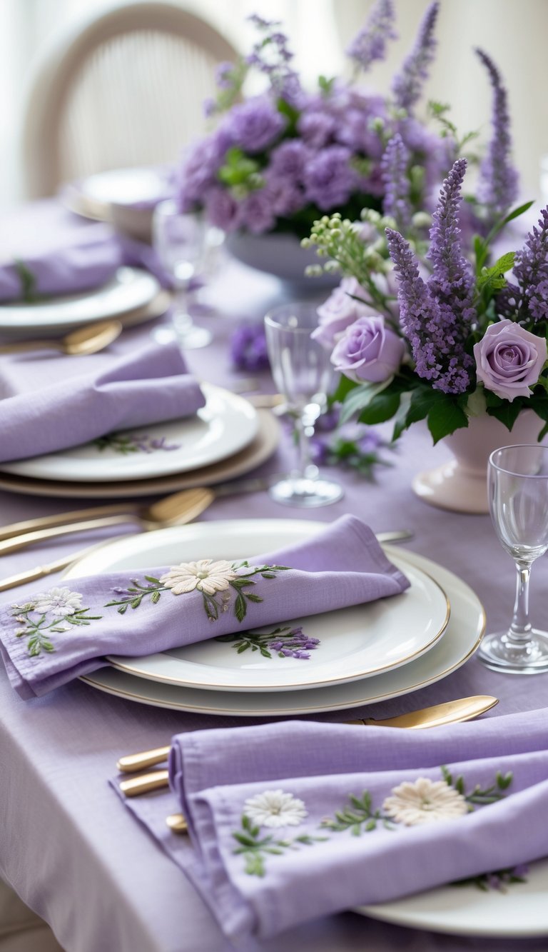 A table setting with lavender-colored napkins featuring floral embroidery and matching floral decorations.