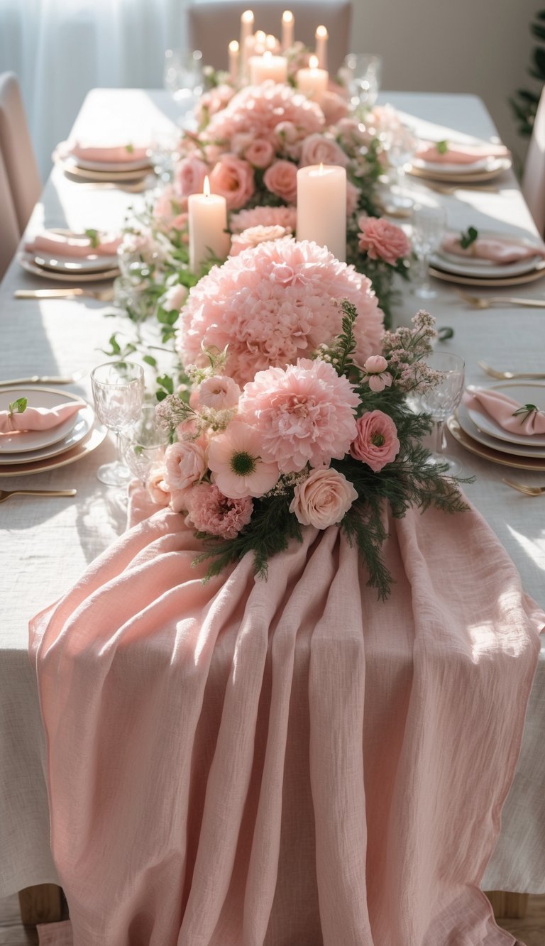 A full view of a table set with a blush pink linen tablecloth, pink floral centerpieces, candles, and place settings under natural light.