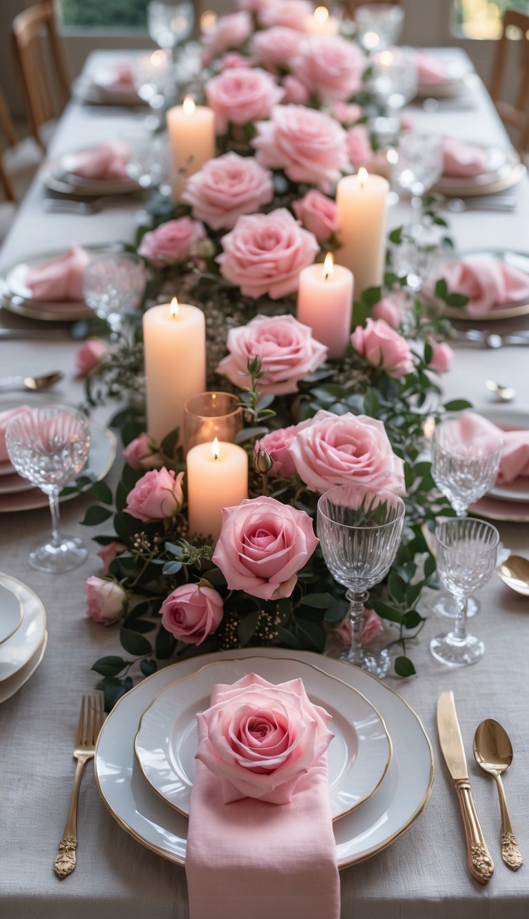 A beautifully set dining table with each plate featuring a single pink rose, surrounded by pink floral centerpieces and lit candles.
