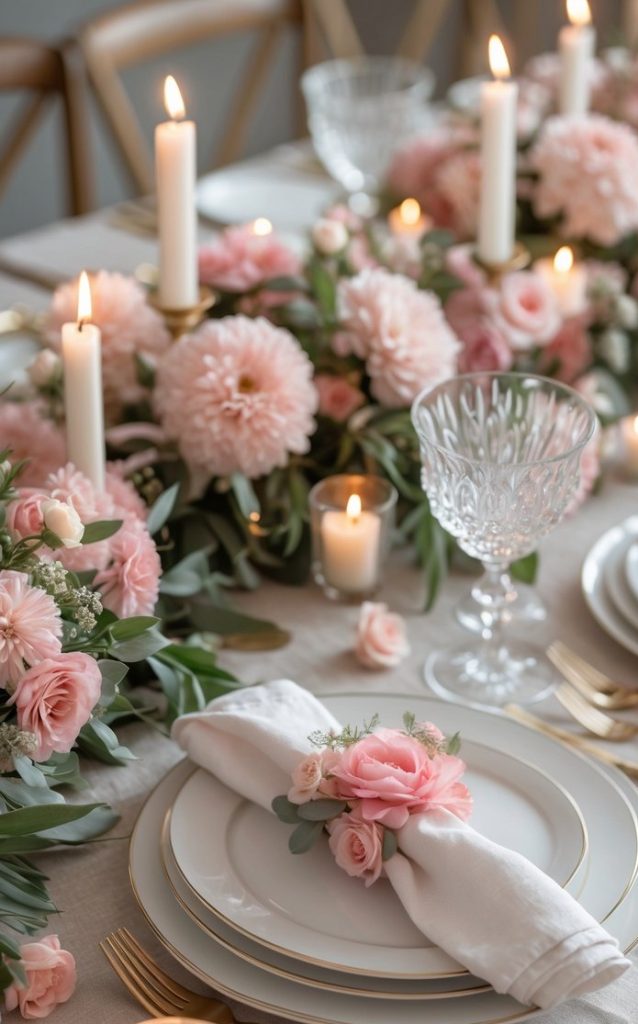 Elegant table setting with white plates, gold cutlery, a crystal glass, lit candles, and pink floral arrangements on a linen tablecloth.