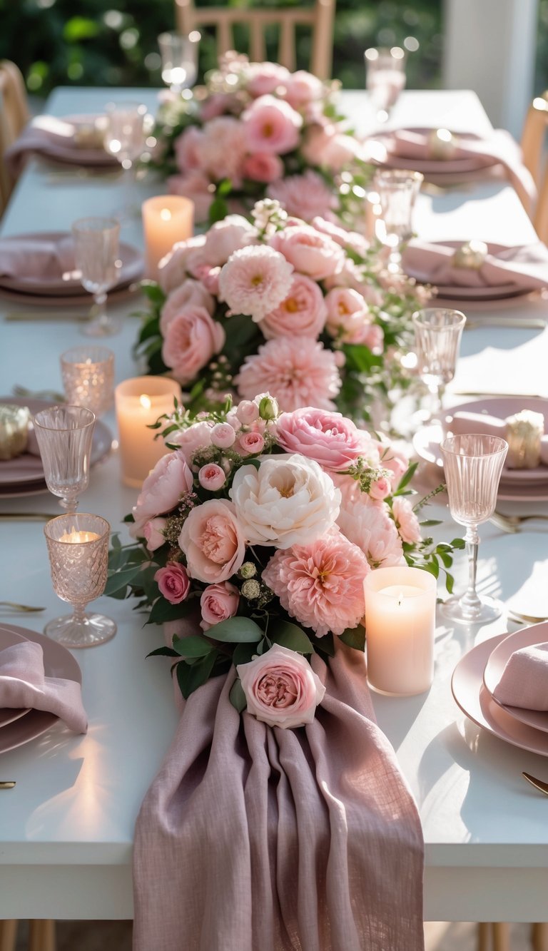 A full view of a dining table set with light mauve linen runners, pink floral centerpieces, and candles, illuminated by natural light.