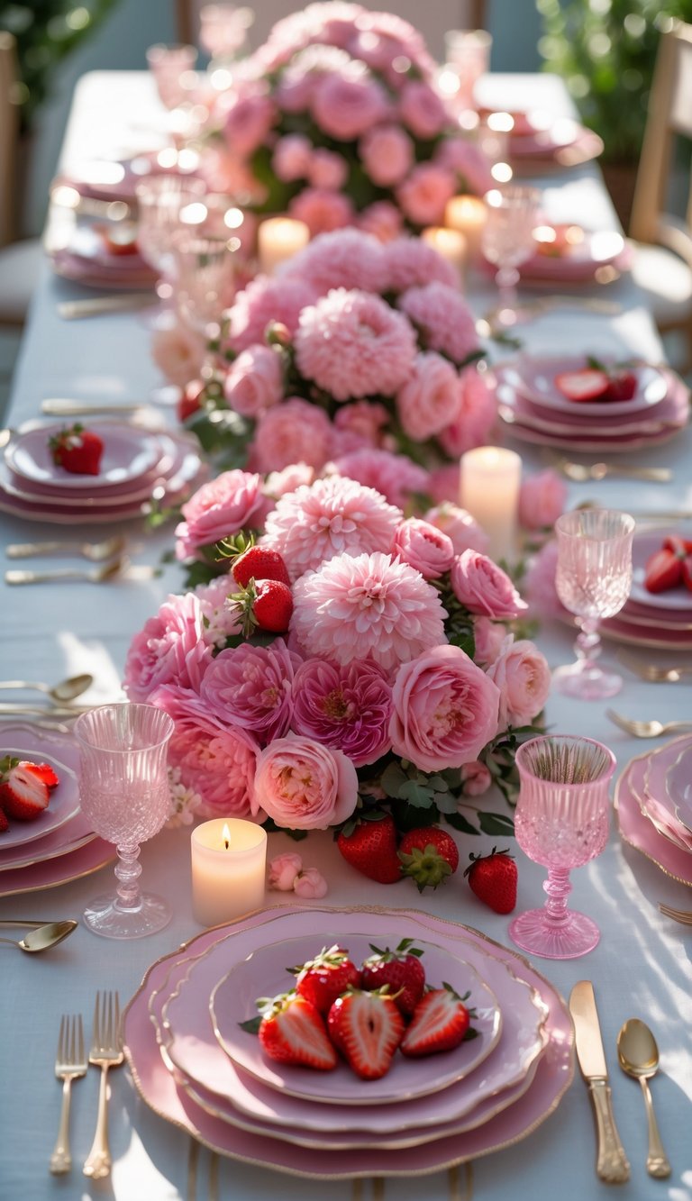 A full table setup featuring pink flowers, sliced strawberries, candles, and elegant tableware arranged for a festive event.