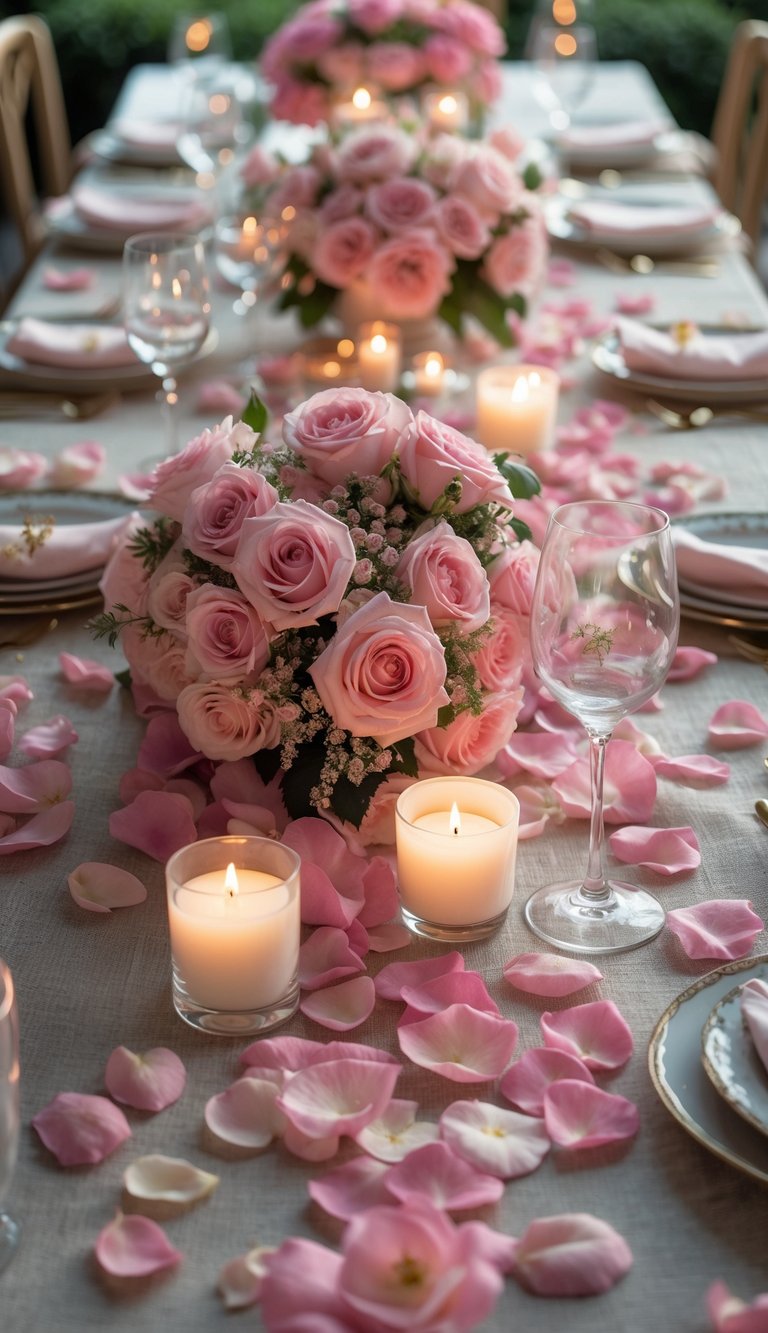 A full view of a table decorated with pink garden roses, scattered petals, candles, and floral centerpieces.