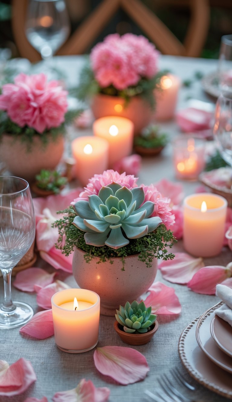 A full view of a decorated table with small pink potted succulents, pink flowers, candles, and table settings arranged for an event.