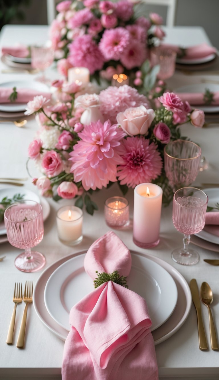 A table set with pink ombre cloth napkins, pink floral centerpieces, and candles arranged for an event.