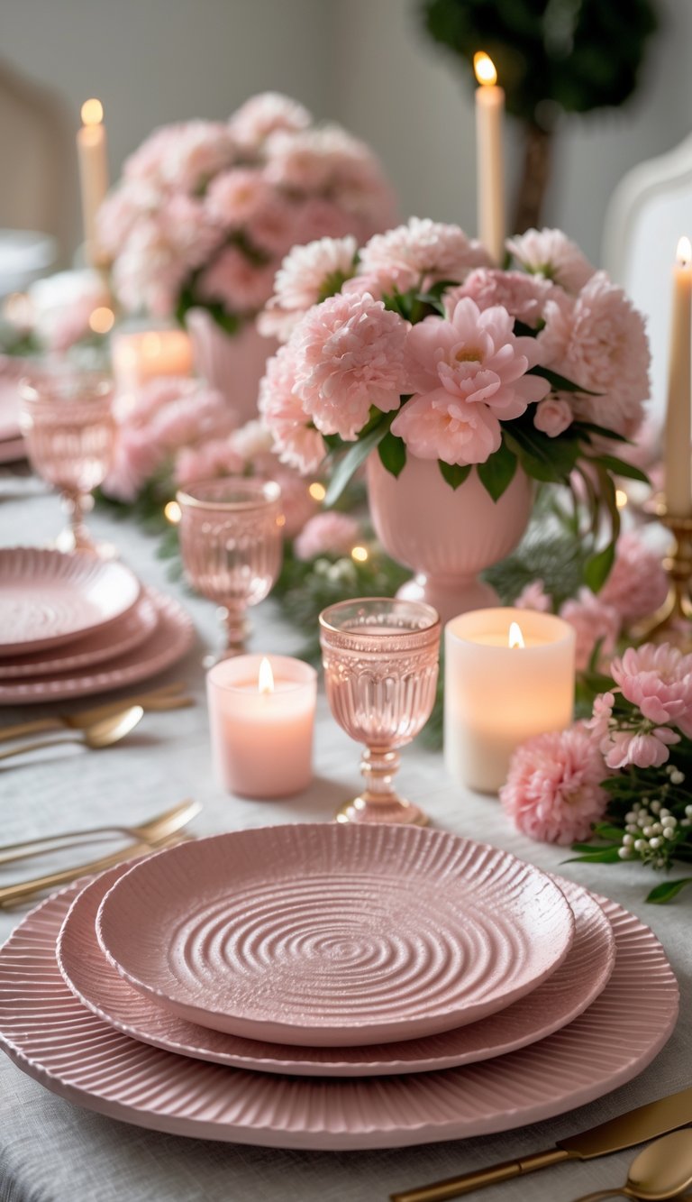 A full table set with blush pink ceramic platters, pink floral centerpieces, and lit candles arranged for a festive event.