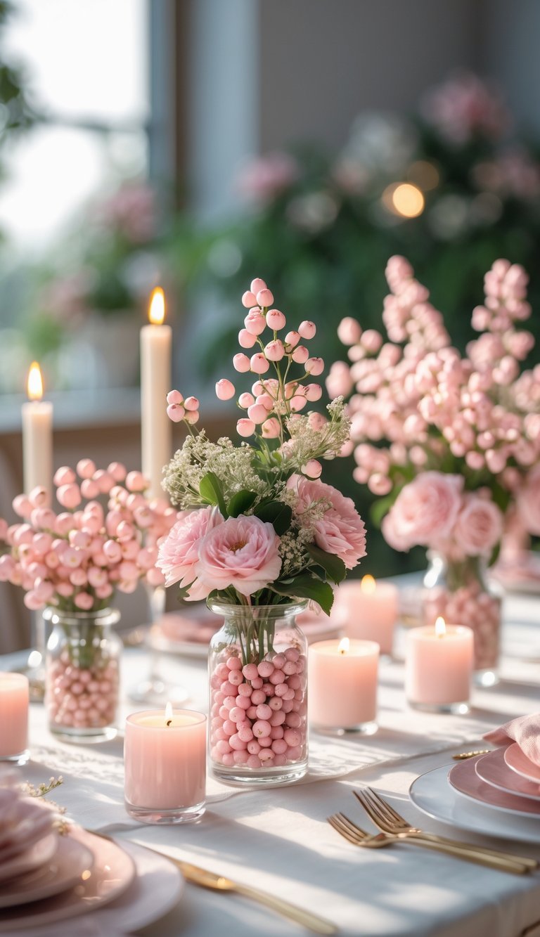 A full view of a decorated table with small clear vases holding pink berries, pink flowers, and lit candles arranged neatly for an event or holiday.