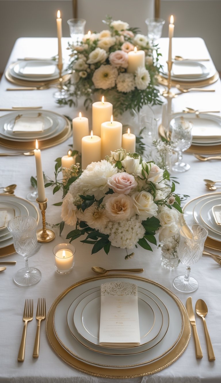 A beautifully set dining table with white placemats featuring gold accents, floral centerpieces, candles, and elegant tableware arranged neatly under natural light.