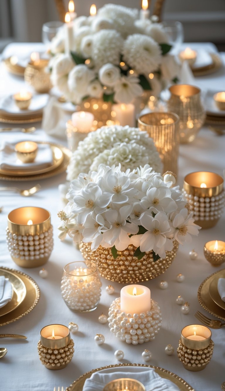 A full view of a table decorated with gold votive holders filled with white pearls, white flowers, and lit candles.