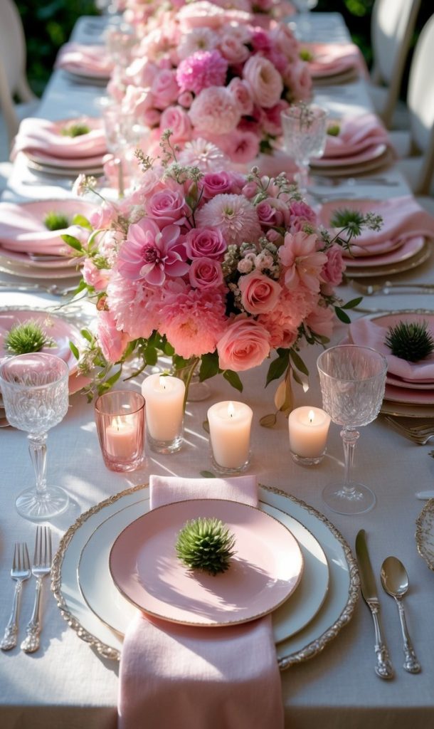 Elegant table set for a formal event with pink floral centerpieces, pink and white tableware, candles, and neatly arranged cutlery and glasses.