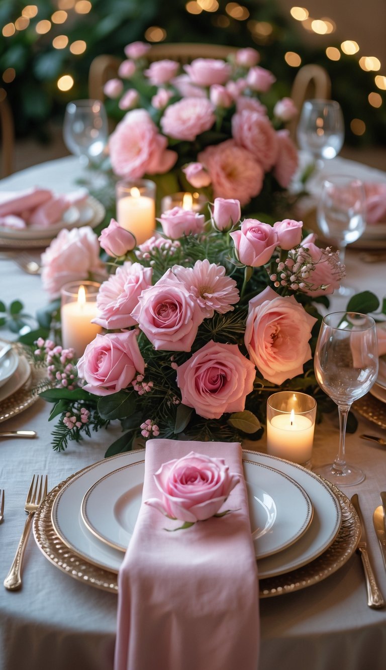 A beautifully set dining table with pink roses on each dinner plate, surrounded by floral centerpieces and candles.
