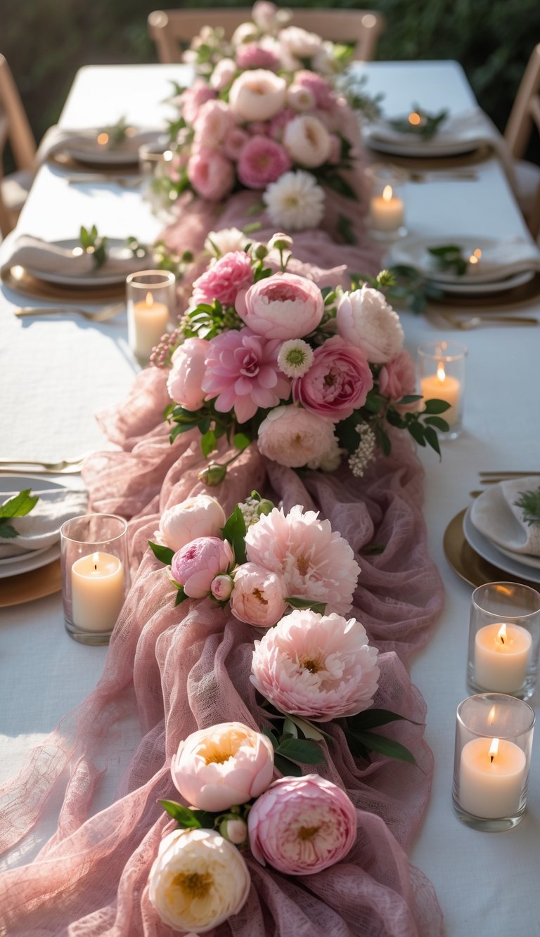 A full view of a decorated table with dusty rose fabric runners, pink floral centerpieces, and candles.