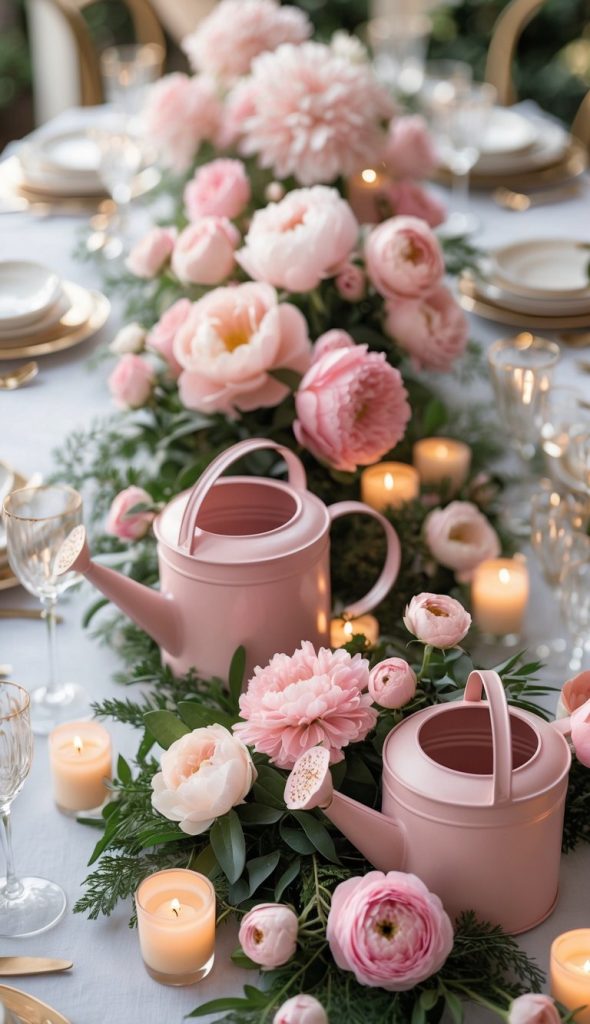 A table centerpiece with pink watering cans, pink flowers, greenery, and lit candles, set for a formal meal with plates and glassware.
