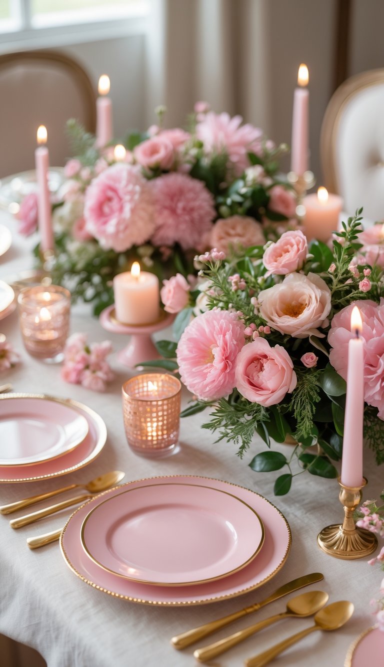 A fully set table with small pink dessert plates with gold rims, pink floral centerpieces, candles, and greenery under natural light.
