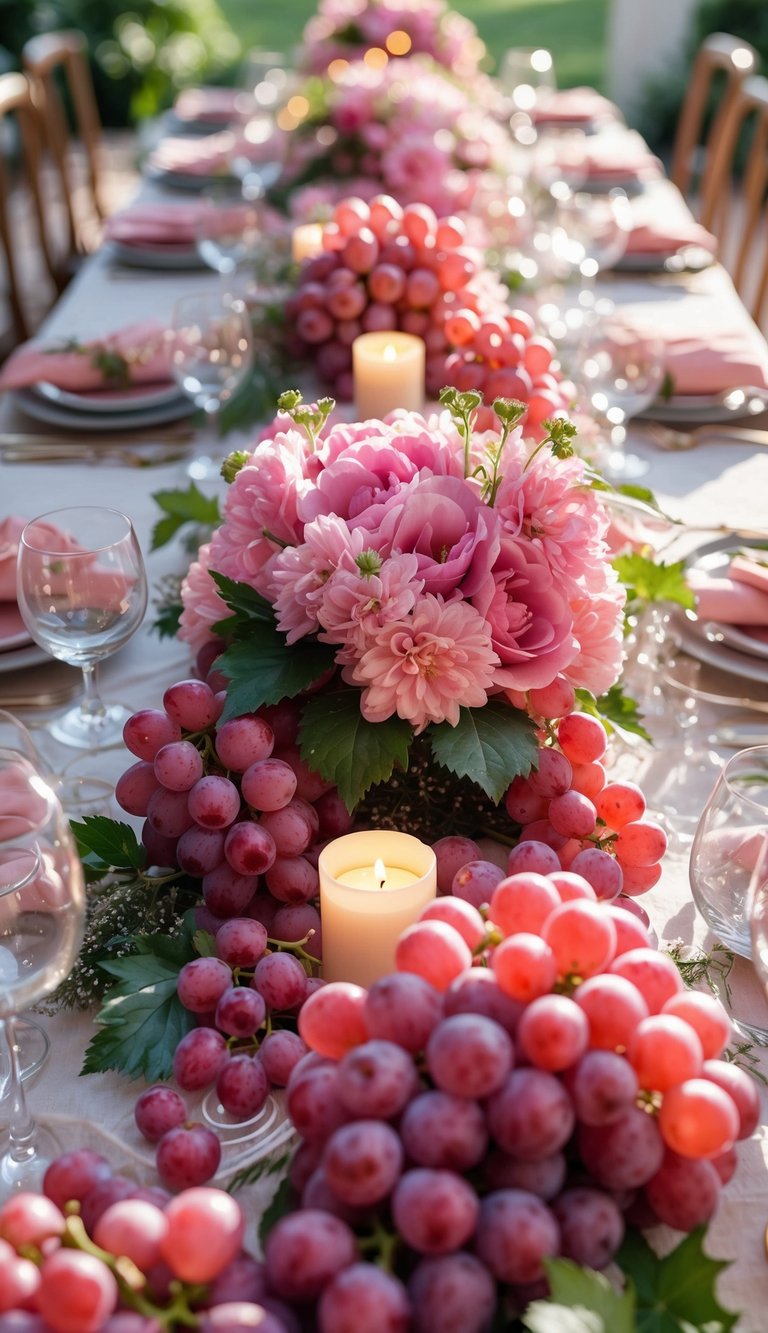 A beautifully arranged event table with pink flowers, clusters of pink grapes, candles, and elegant tableware under natural light.