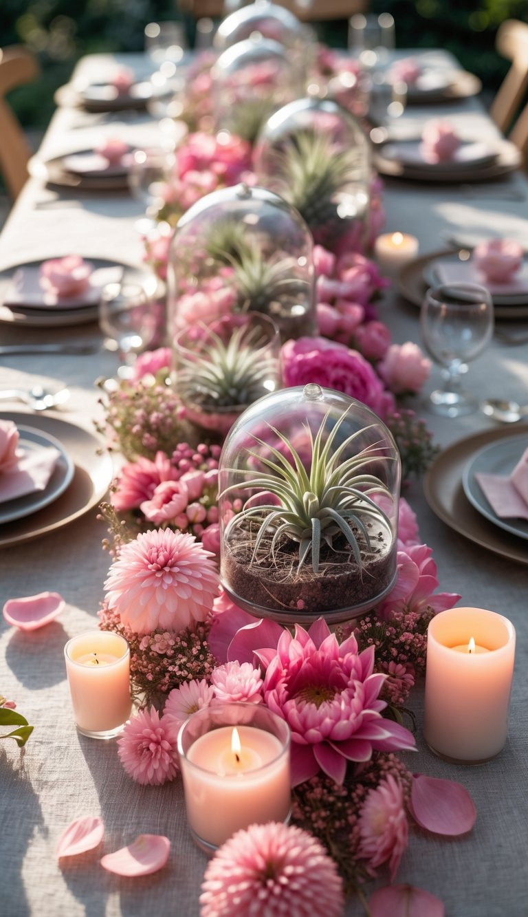 A fully set table with pink air plants in glass terrariums, pink flowers, candles, and tableware arranged for an event or holiday.