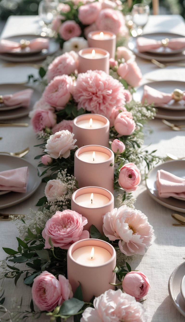 A fully set table with blush pink ceramic candle holders and pink floral arrangements, surrounded by plates and cutlery under natural light.