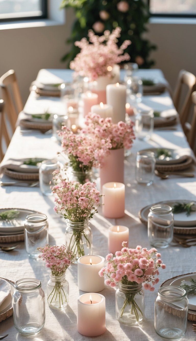 A full table set with small glass jars of pink wildflowers, candles, and dinnerware arranged evenly along the center.