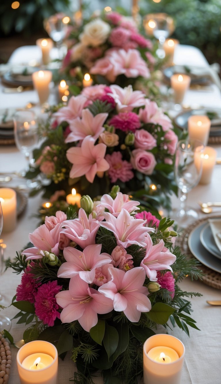 A beautifully arranged event tablescape featuring pink alstroemeria mixed bouquets, candles, and elegant table settings on a decorated table.