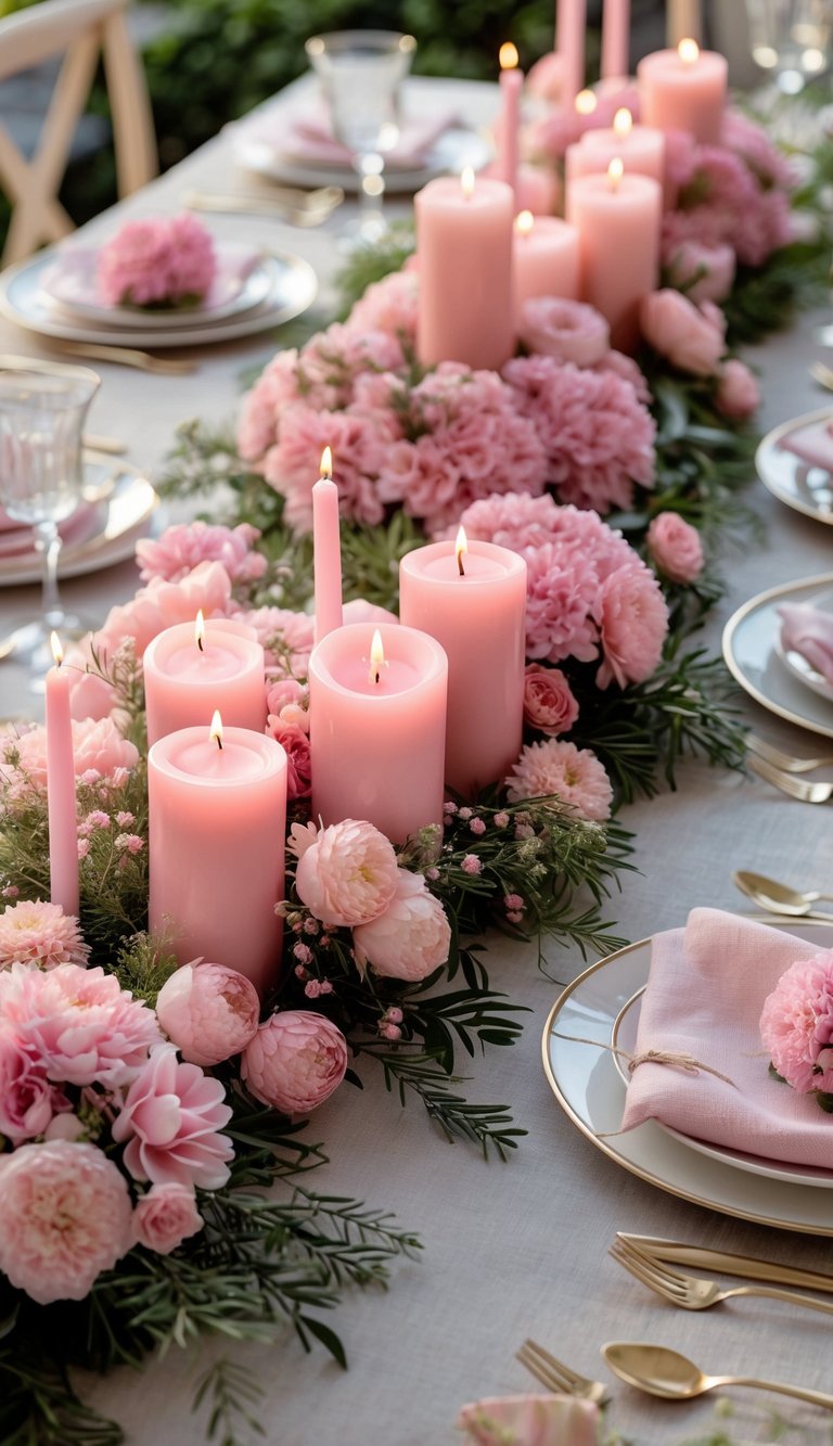 A full view of a table decorated with pink floral arrangements and clusters of candles in pink holders, set for an event with natural lighting.