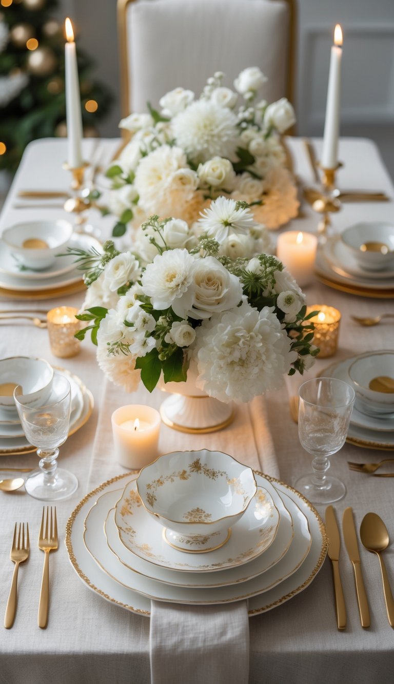 A full table set with a white porcelain tea set with gold accents, surrounded by candles and floral centerpieces.