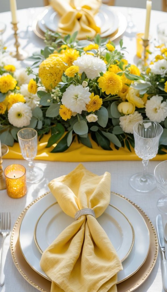 A round table set for a meal with yellow napkins, gold-rimmed plates, crystal glasses, candles, and a floral arrangement of yellow and white flowers.
