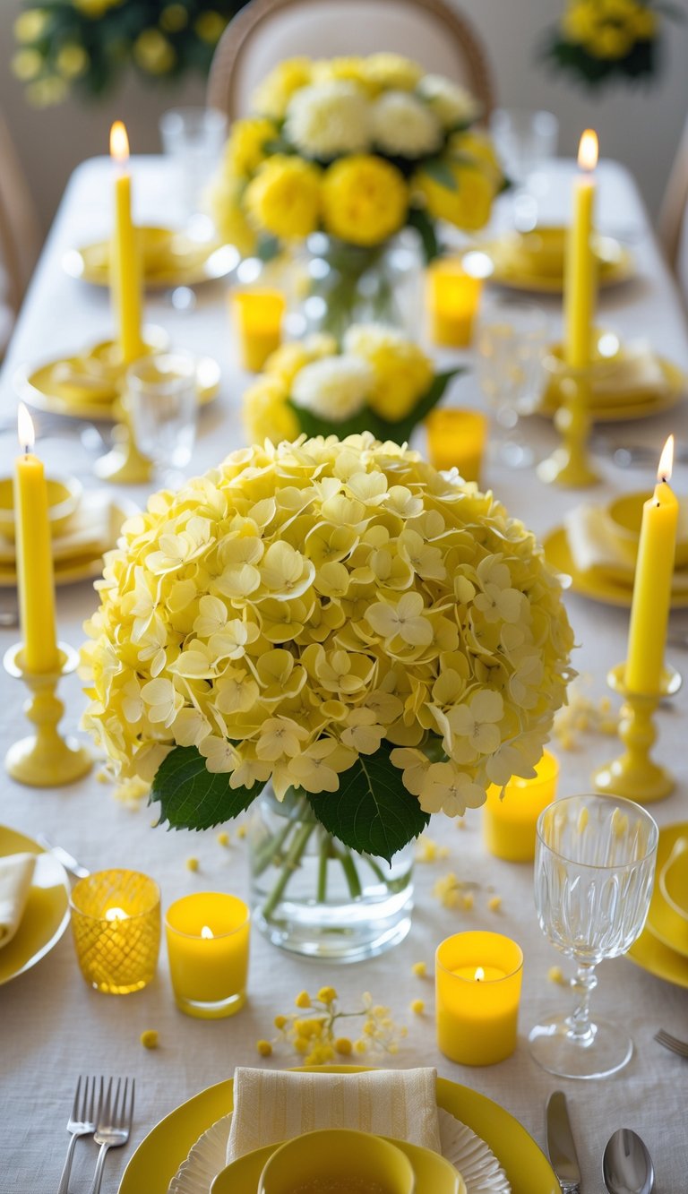A full view of a table set for an event with a lemon-yellow hydrangea bouquet centerpiece, yellow candles, and matching tableware under natural light.