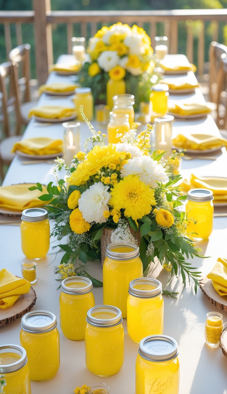 A dining table set with yellow mason jar glasses, yellow and white flowers, candles, and greenery arranged in a bright and inviting manner.