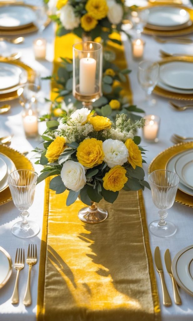 A table set with a vase of flowers and candles.