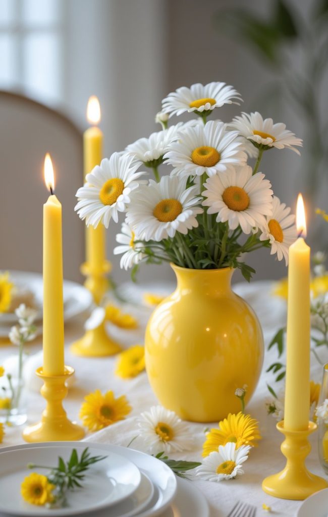 A yellow vase with white daisies sits on a set dining table with yellow candles, white plates, and scattered yellow and white flowers.