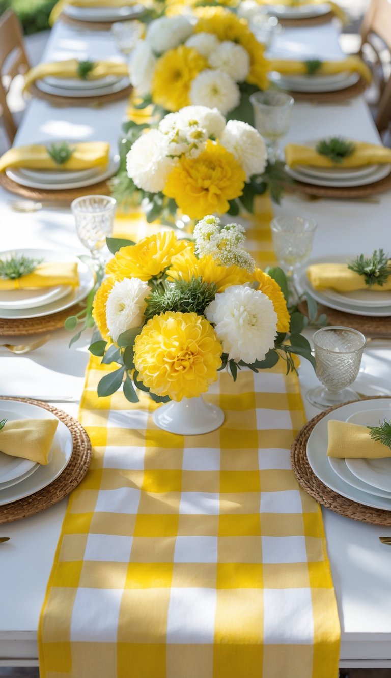 A table set with a yellow and white checkered runner, floral centerpieces, candles, and dishware arranged for a festive event.