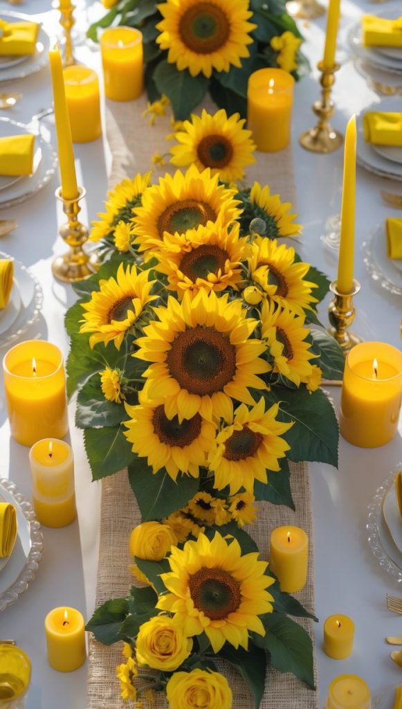 A table is set with yellow candles, gold cutlery, white plates, and a centerpiece of sunflowers and yellow roses arranged along the middle.