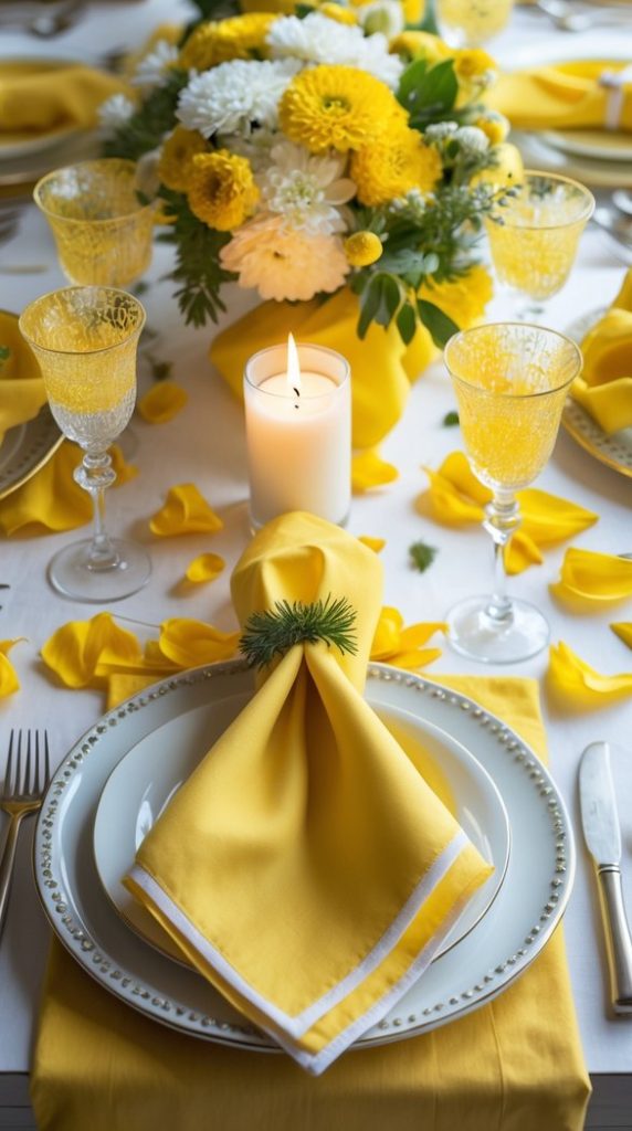 A dining table set with yellow napkins, white plates, gold cutlery, yellow-tinted glasses, candles, and a centerpiece of white and yellow flowers with scattered yellow rose petals.