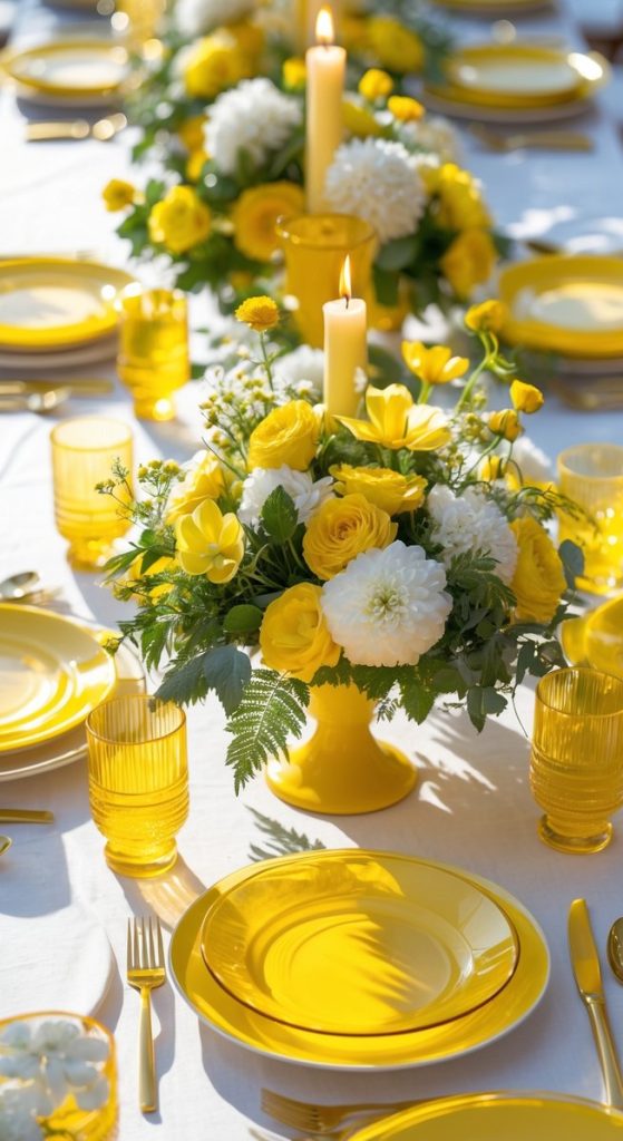 A long dining table set with yellow plates, glasses, and cutlery, featuring white candles and yellow-and-white floral centerpieces on a white tablecloth.