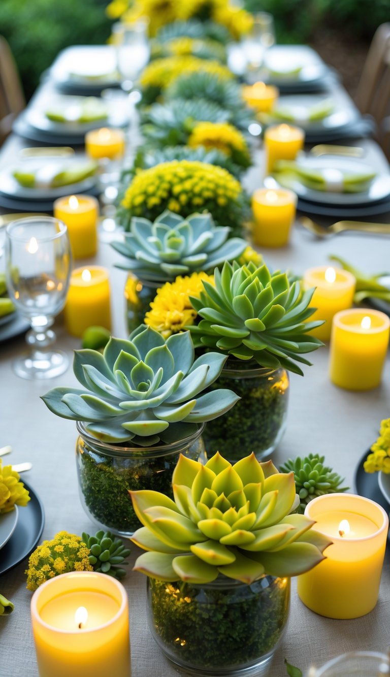 A full view of a decorated table featuring yellow and green succulents in glass jars, surrounded by candles and flowers.