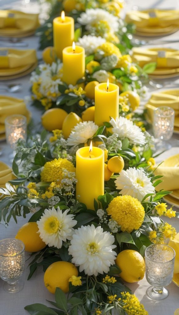 A long dining table decorated with yellow candles, white and yellow flowers, lemons, and yellow napkins, set outdoors with glass tealight holders.