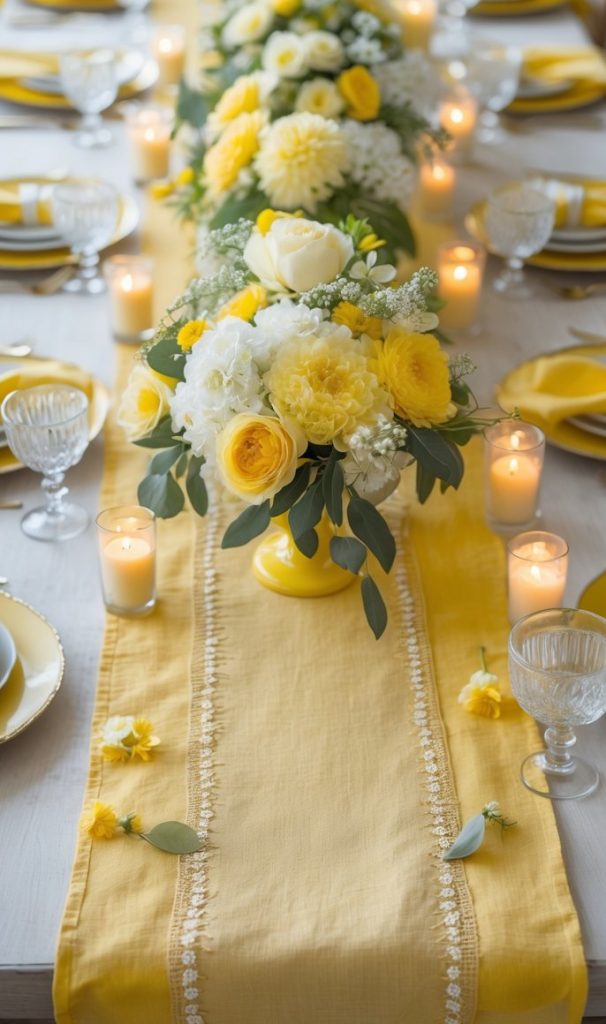 A dining table set with yellow and white floral centerpieces, yellow napkins, glassware, plates, and lit candles along a yellow table runner.