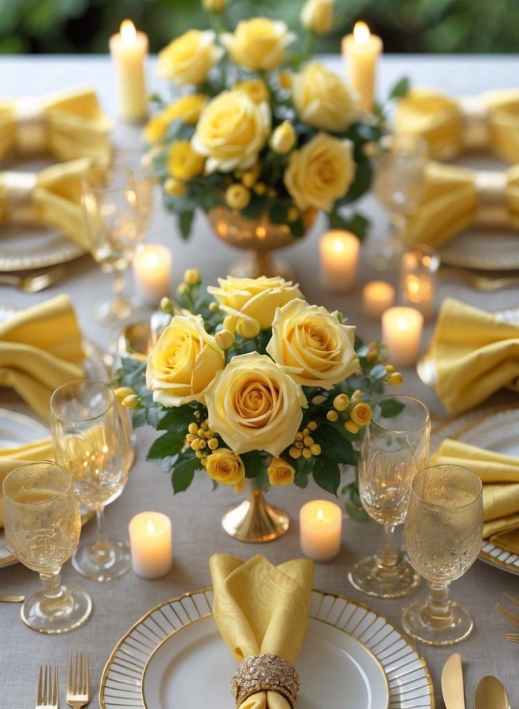 Elegant table setting with yellow roses, gold-rimmed plates, yellow napkins, gold cutlery, glassware, and lit candles on a white tablecloth.